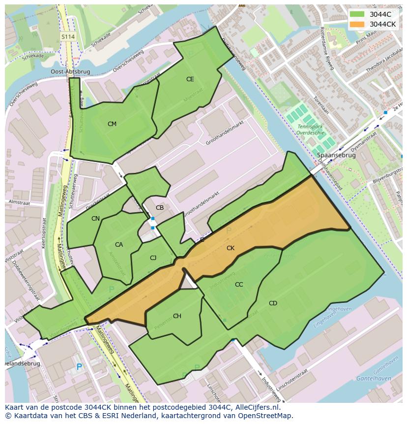 Afbeelding van het postcodegebied 3044 CK op de kaart.