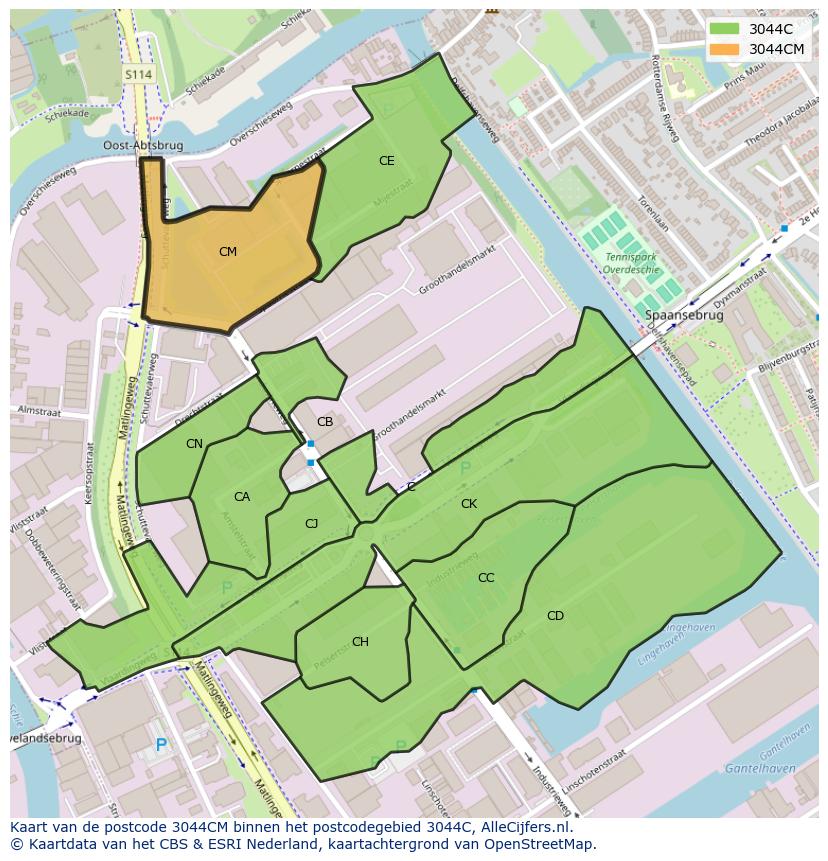 Afbeelding van het postcodegebied 3044 CM op de kaart.