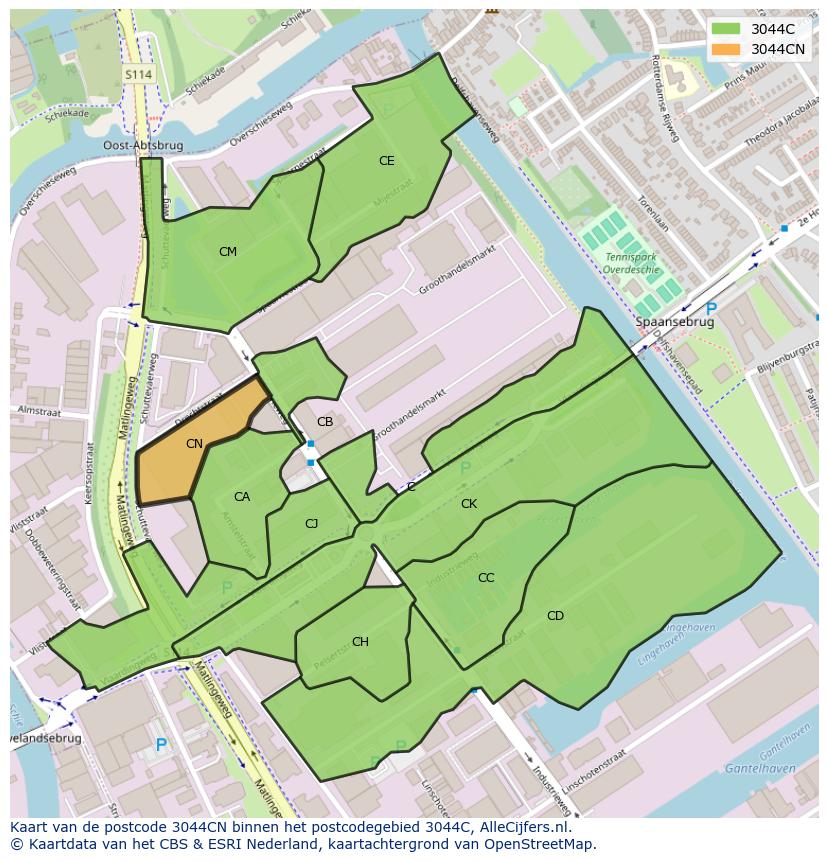 Afbeelding van het postcodegebied 3044 CN op de kaart.