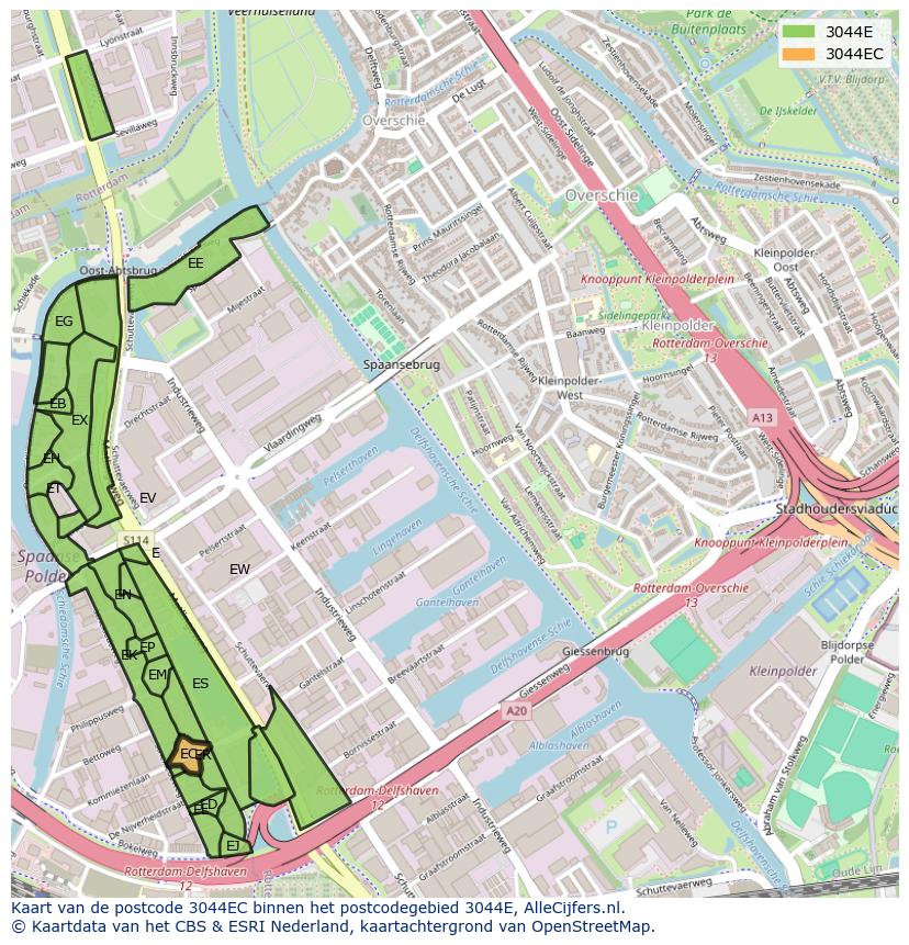 Afbeelding van het postcodegebied 3044 EC op de kaart.
