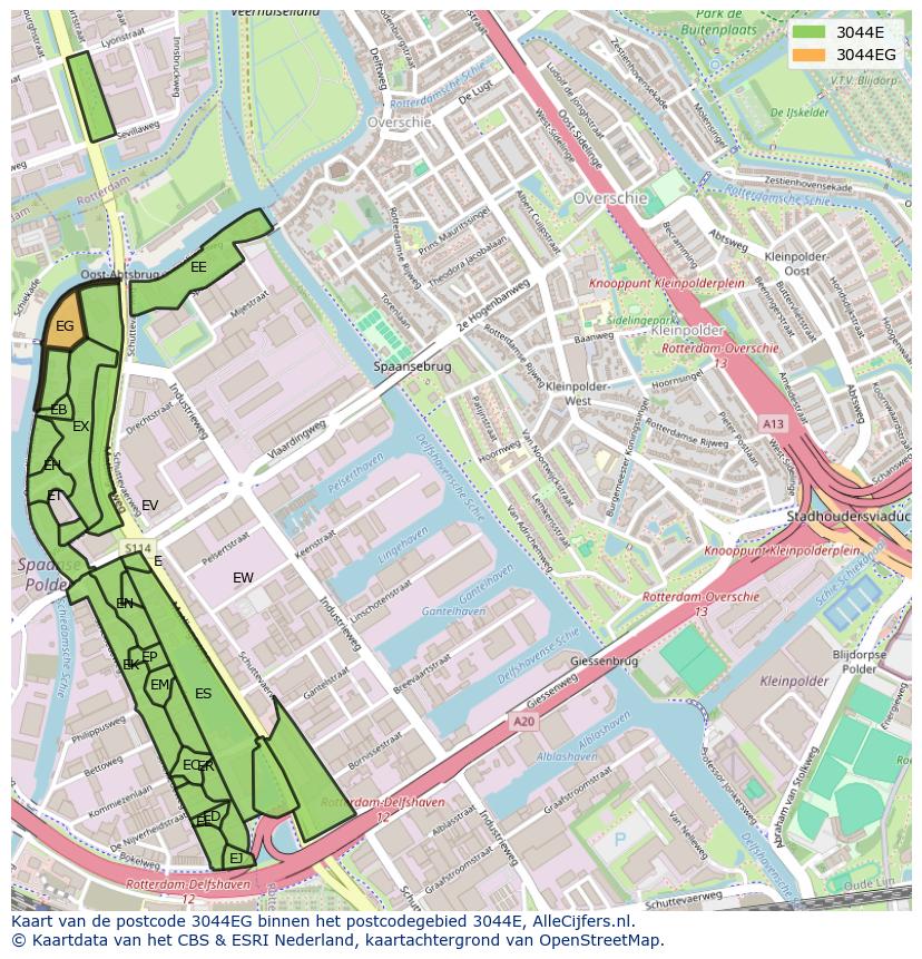 Afbeelding van het postcodegebied 3044 EG op de kaart.