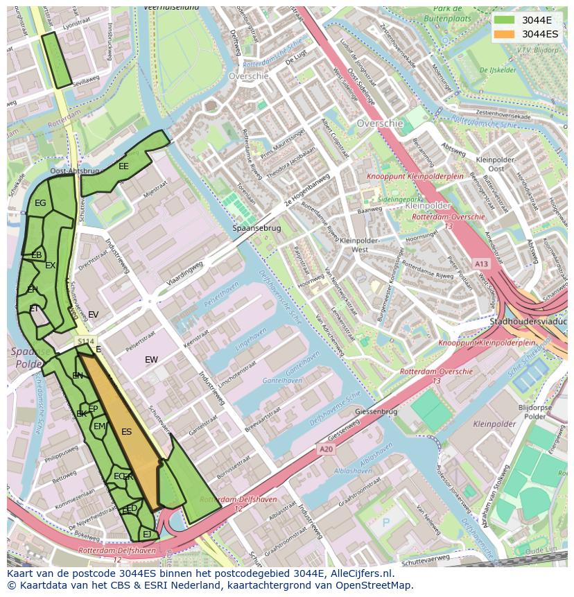 Afbeelding van het postcodegebied 3044 ES op de kaart.