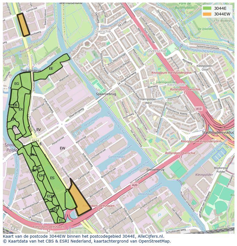 Afbeelding van het postcodegebied 3044 EW op de kaart.