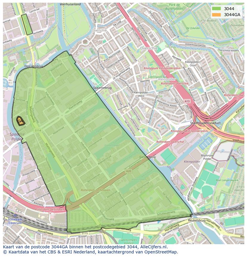 Afbeelding van het postcodegebied 3044 GA op de kaart.