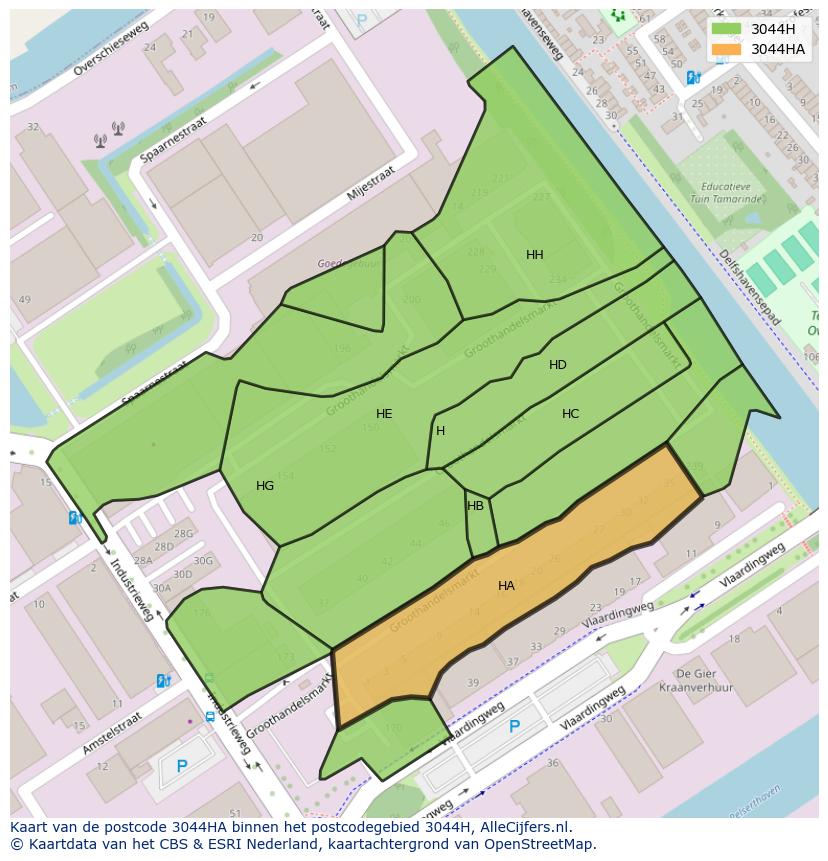 Afbeelding van het postcodegebied 3044 HA op de kaart.