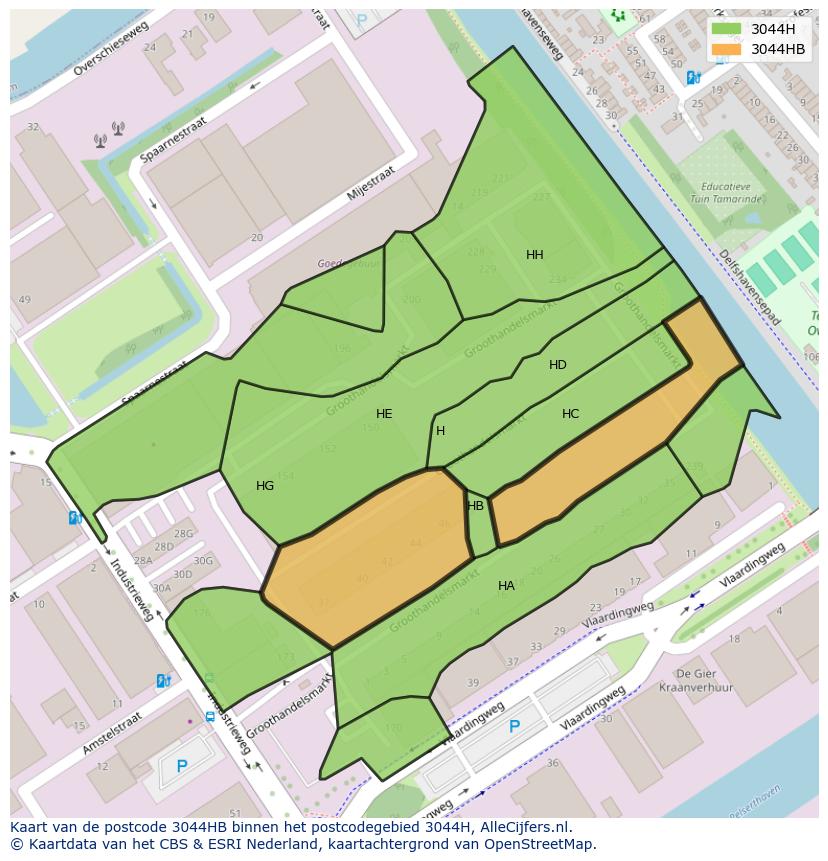 Afbeelding van het postcodegebied 3044 HB op de kaart.