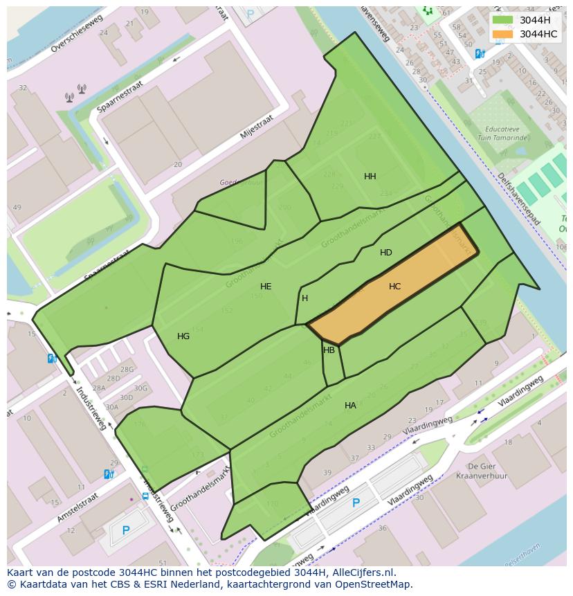 Afbeelding van het postcodegebied 3044 HC op de kaart.