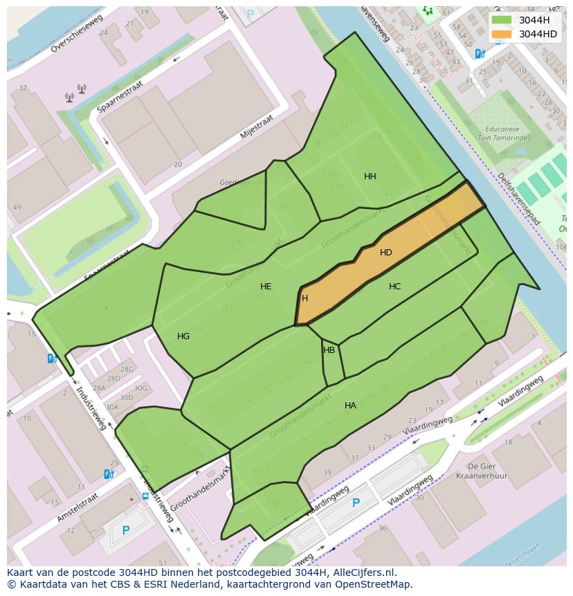 Afbeelding van het postcodegebied 3044 HD op de kaart.