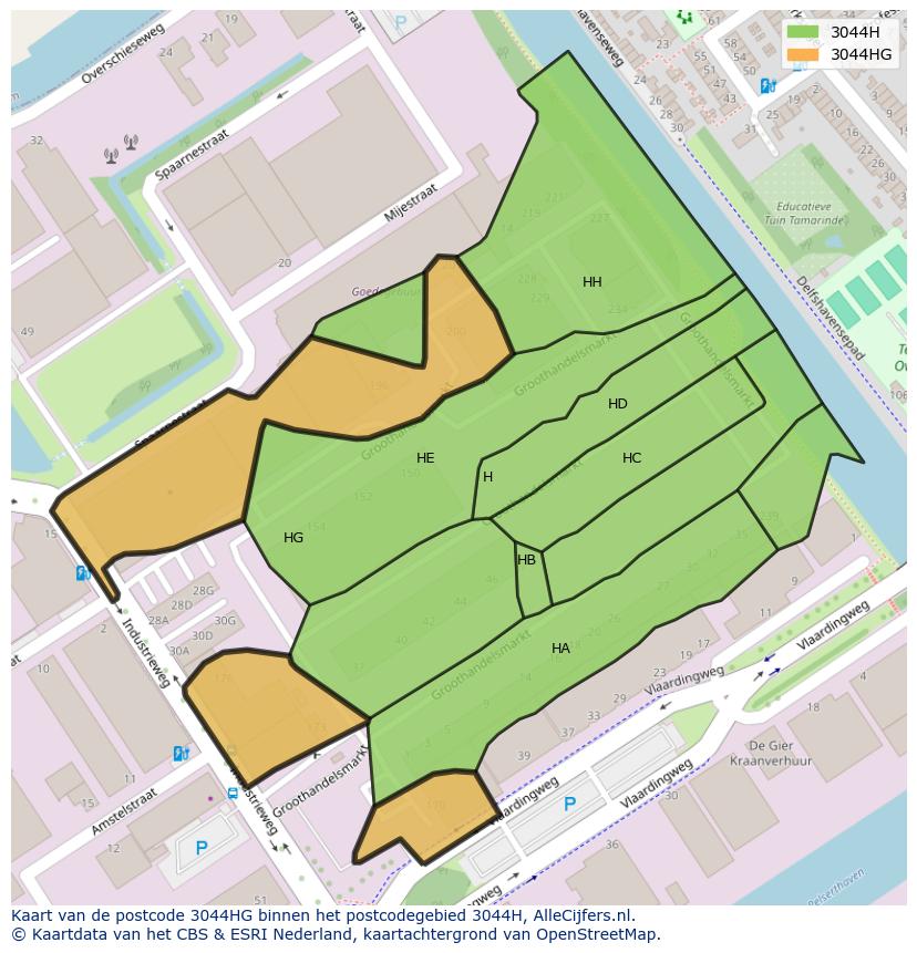 Afbeelding van het postcodegebied 3044 HG op de kaart.