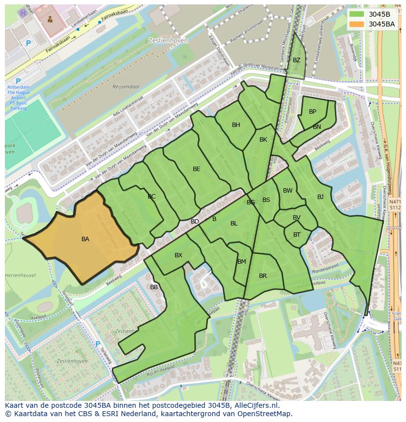 Afbeelding van het postcodegebied 3045 BA op de kaart.