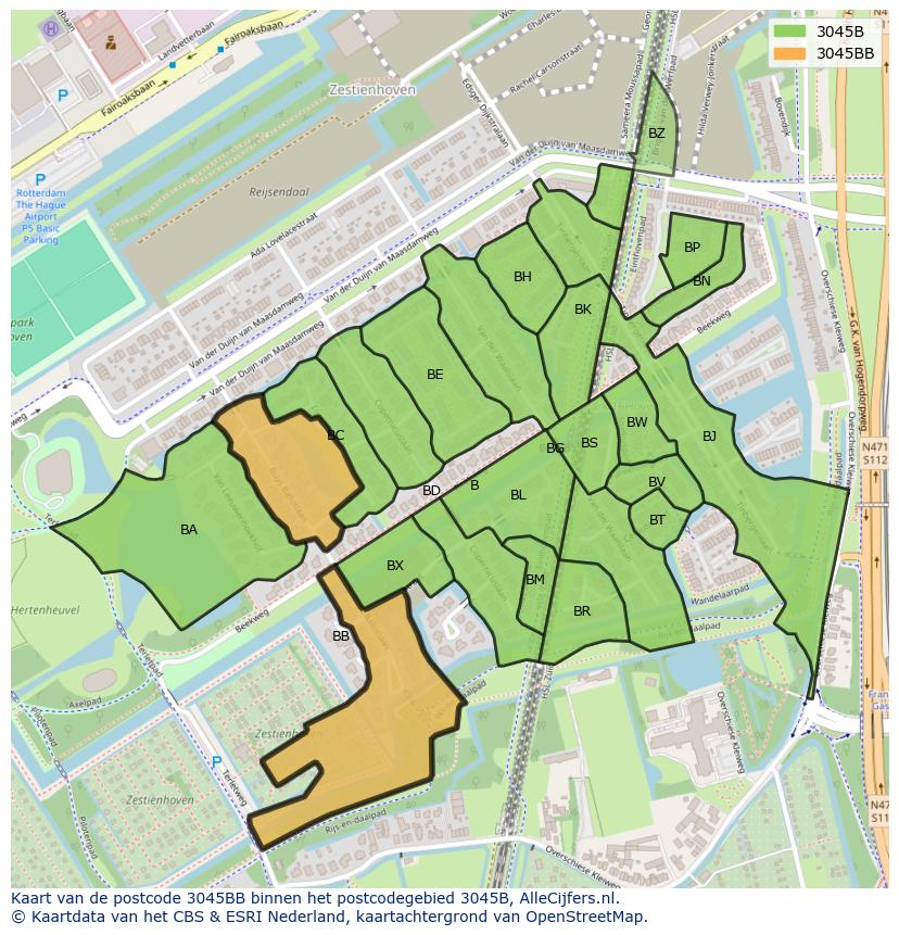 Afbeelding van het postcodegebied 3045 BB op de kaart.