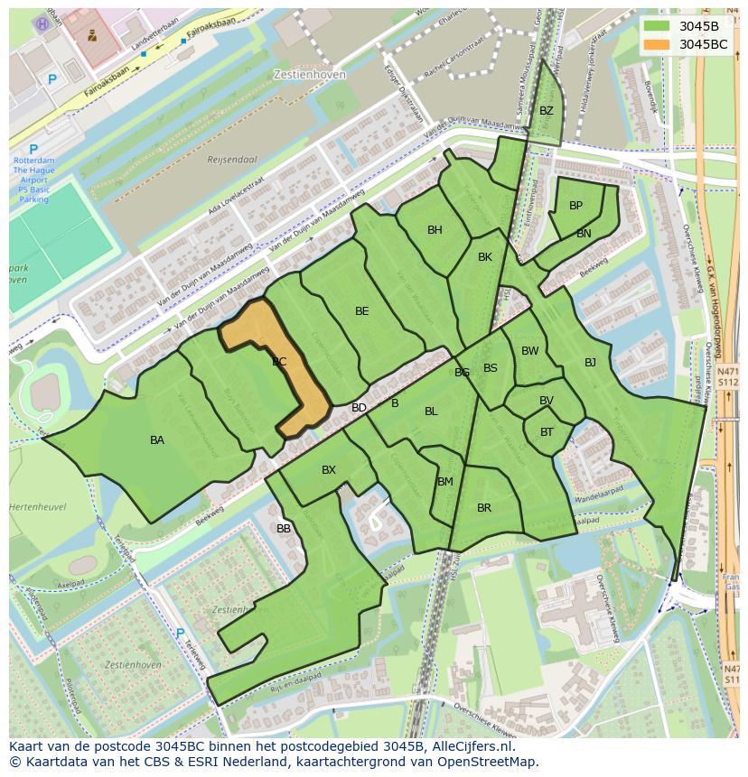 Afbeelding van het postcodegebied 3045 BC op de kaart.
