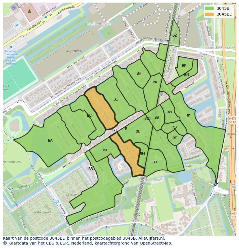 Afbeelding van het postcodegebied 3045 BD op de kaart.
