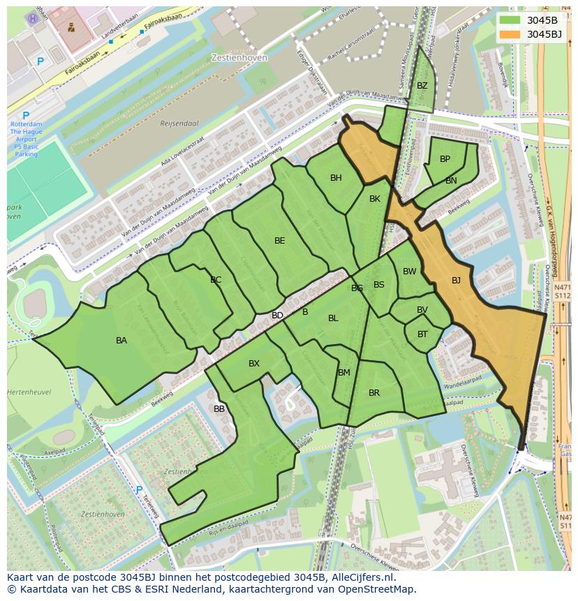 Afbeelding van het postcodegebied 3045 BJ op de kaart.