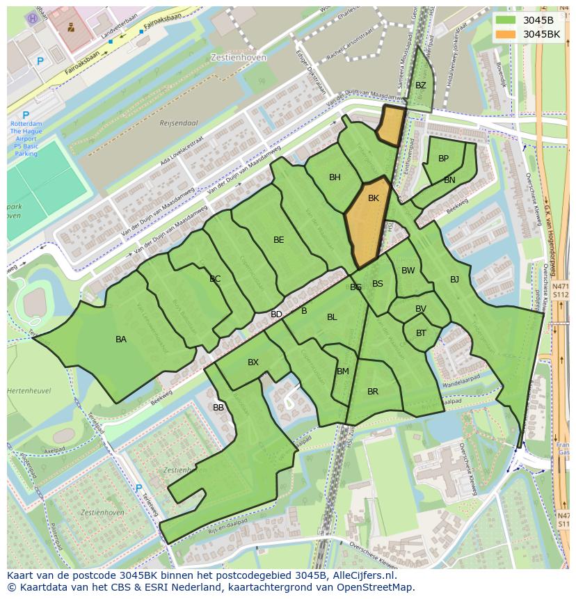 Afbeelding van het postcodegebied 3045 BK op de kaart.