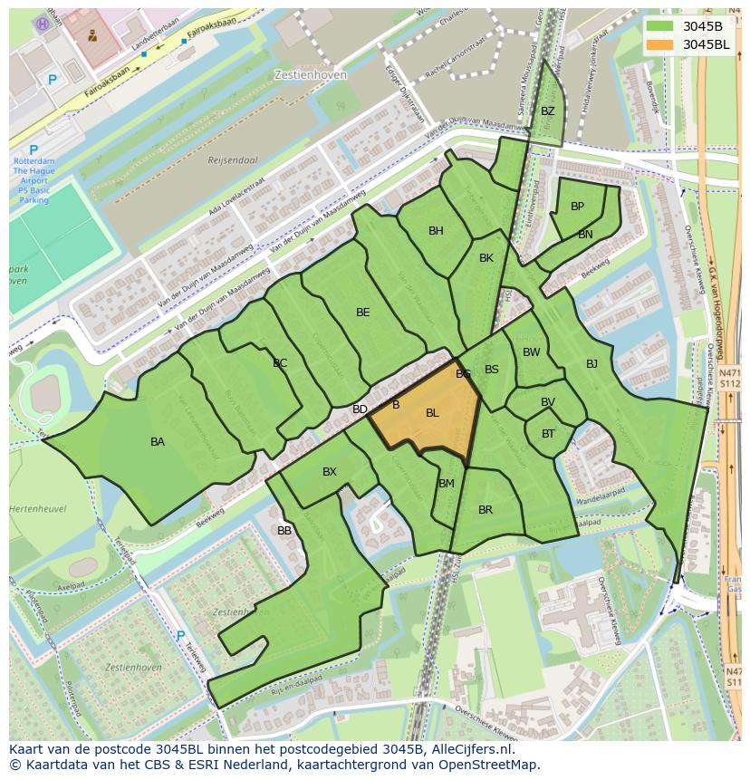 Afbeelding van het postcodegebied 3045 BL op de kaart.