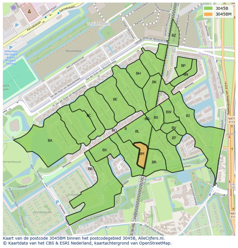 Afbeelding van het postcodegebied 3045 BM op de kaart.