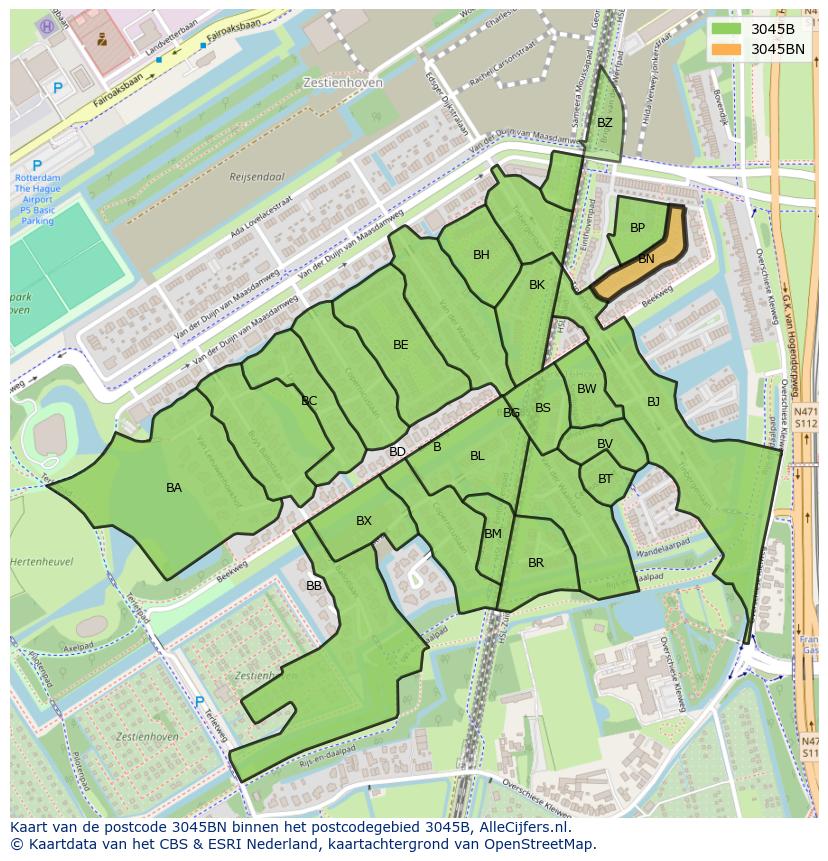 Afbeelding van het postcodegebied 3045 BN op de kaart.