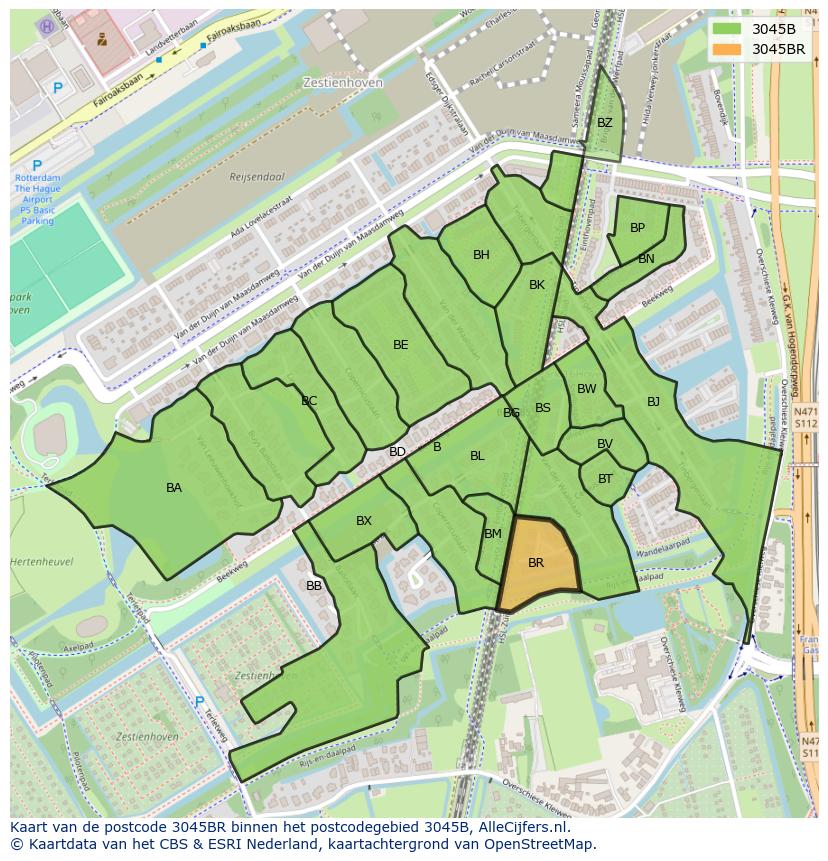Afbeelding van het postcodegebied 3045 BR op de kaart.