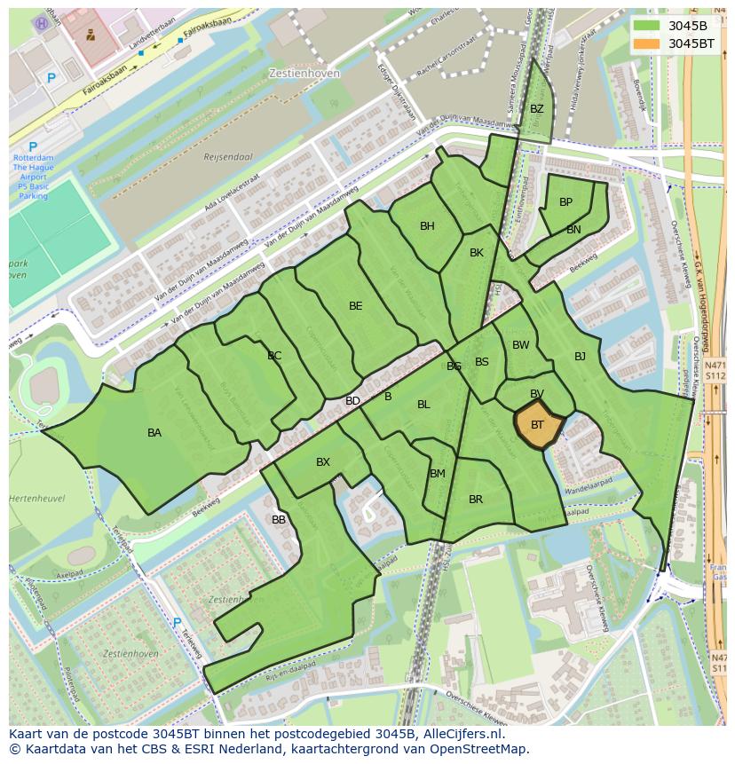 Afbeelding van het postcodegebied 3045 BT op de kaart.