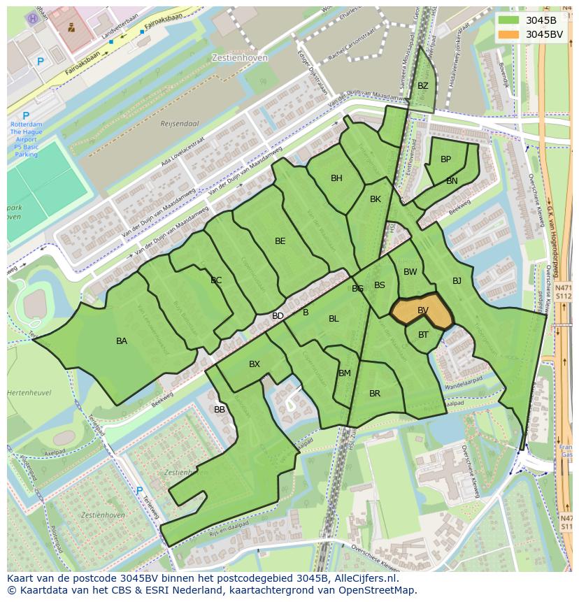 Afbeelding van het postcodegebied 3045 BV op de kaart.