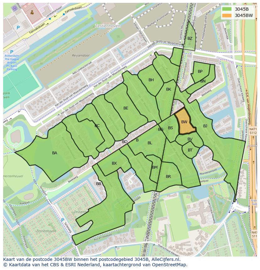 Afbeelding van het postcodegebied 3045 BW op de kaart.