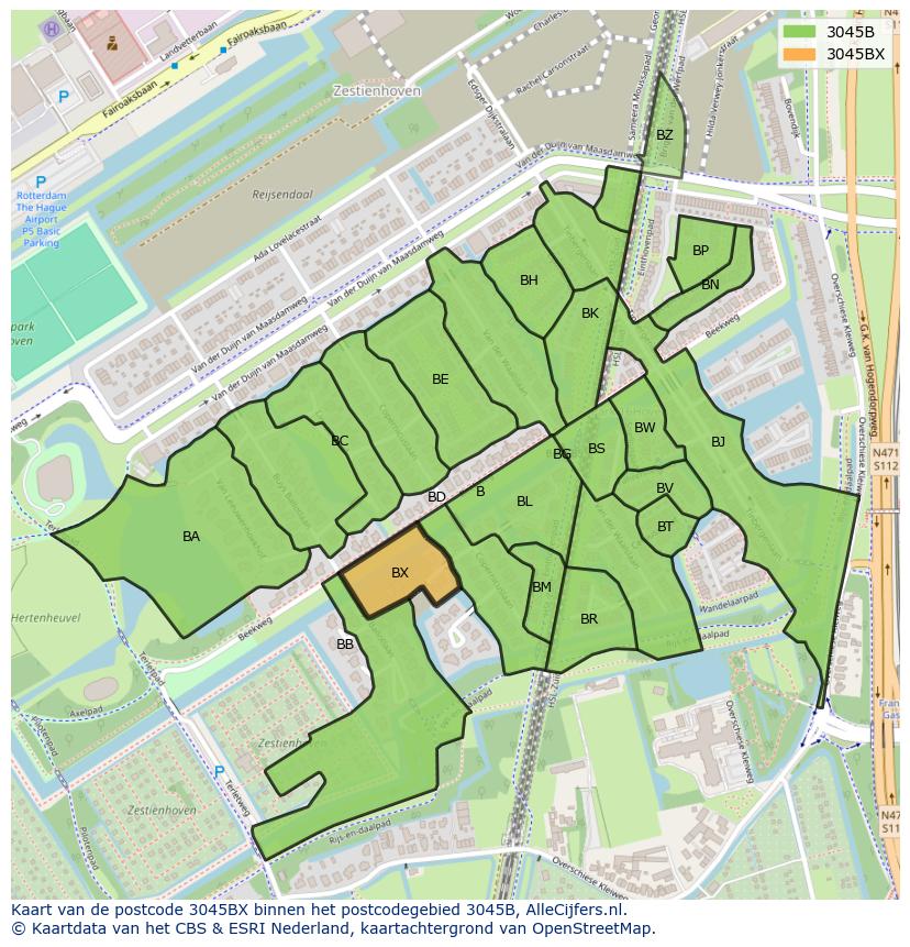 Afbeelding van het postcodegebied 3045 BX op de kaart.