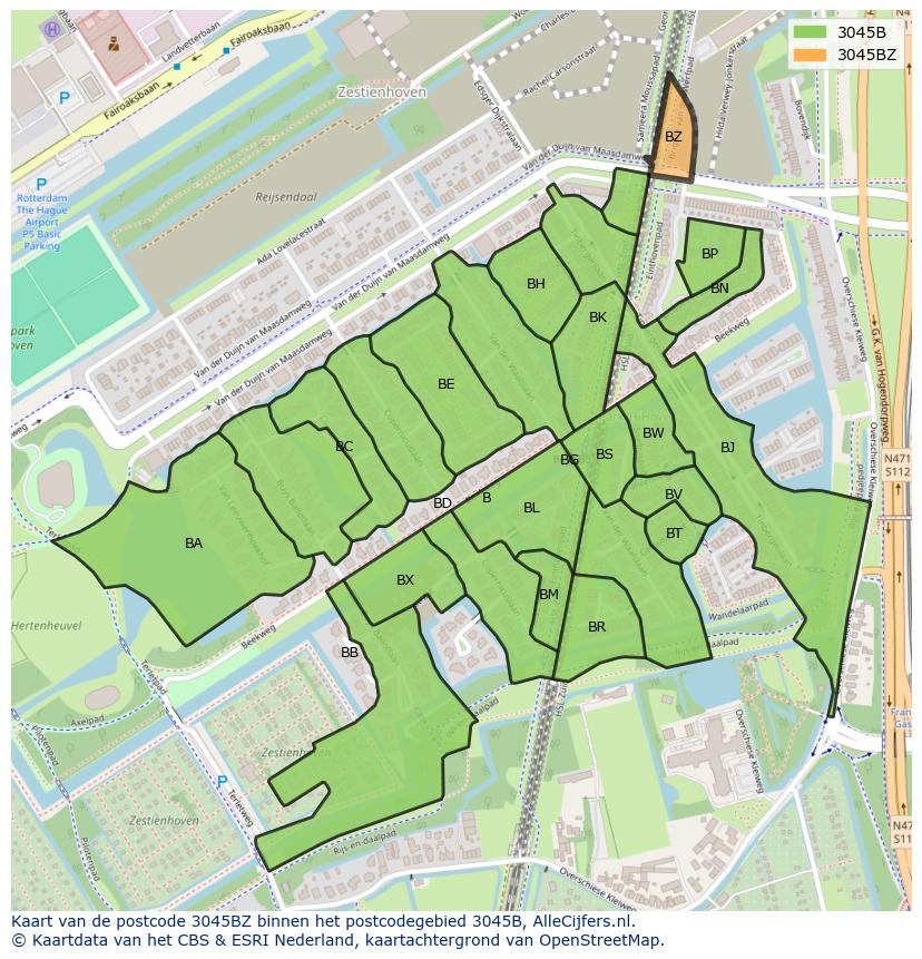 Afbeelding van het postcodegebied 3045 BZ op de kaart.