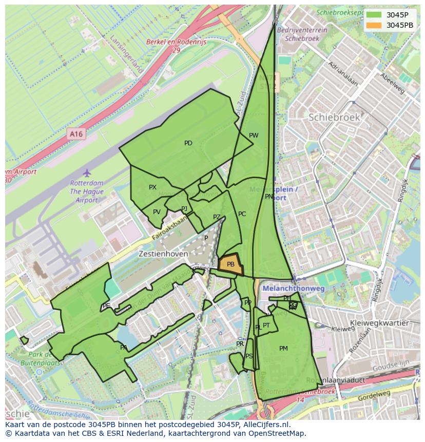 Afbeelding van het postcodegebied 3045 PB op de kaart.