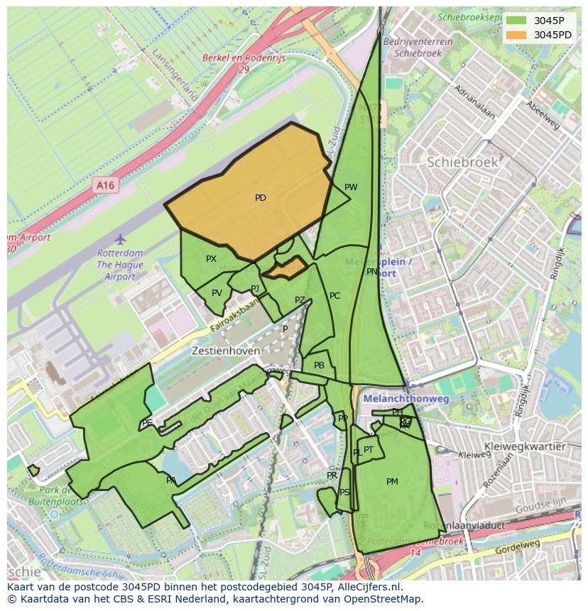 Afbeelding van het postcodegebied 3045 PD op de kaart.