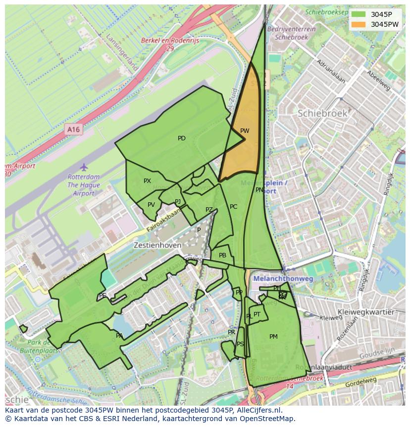 Afbeelding van het postcodegebied 3045 PW op de kaart.