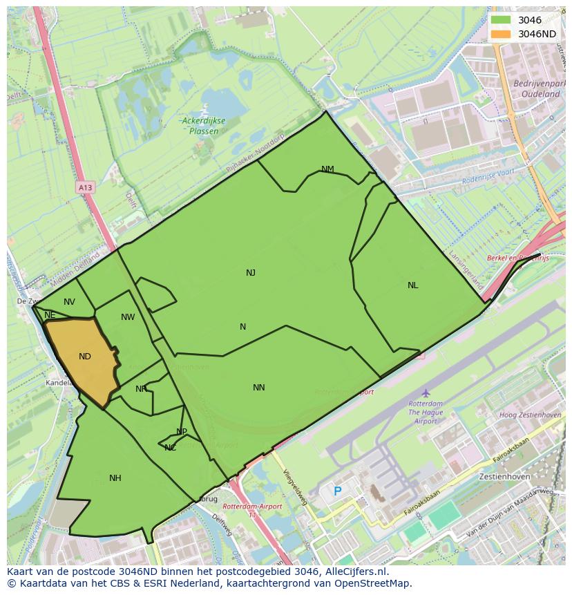 Afbeelding van het postcodegebied 3046 ND op de kaart.