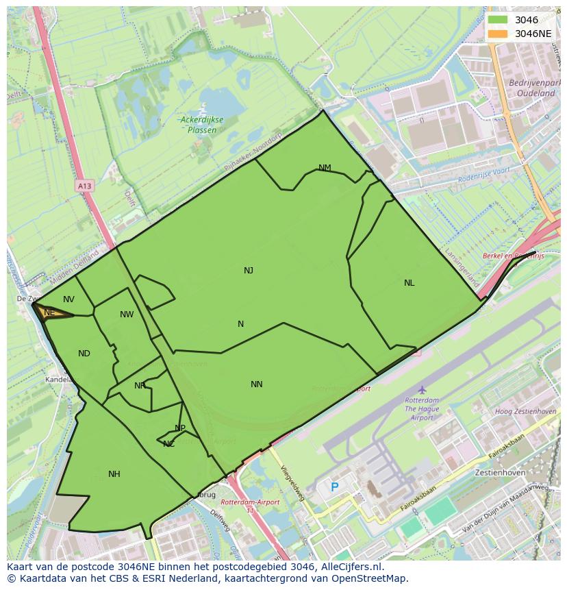 Afbeelding van het postcodegebied 3046 NE op de kaart.