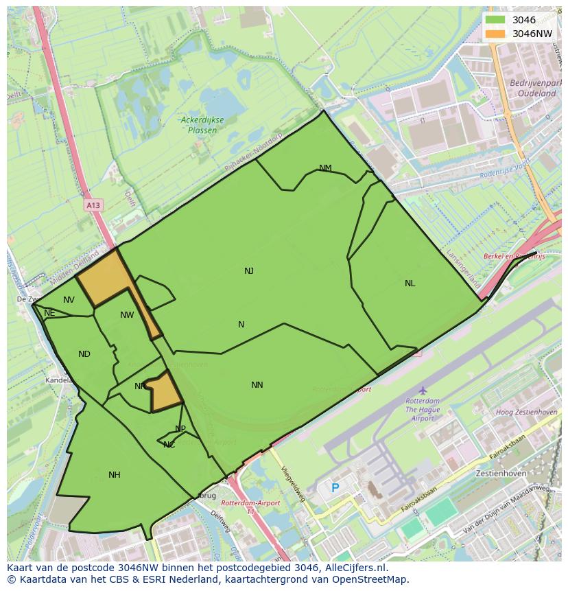 Afbeelding van het postcodegebied 3046 NW op de kaart.