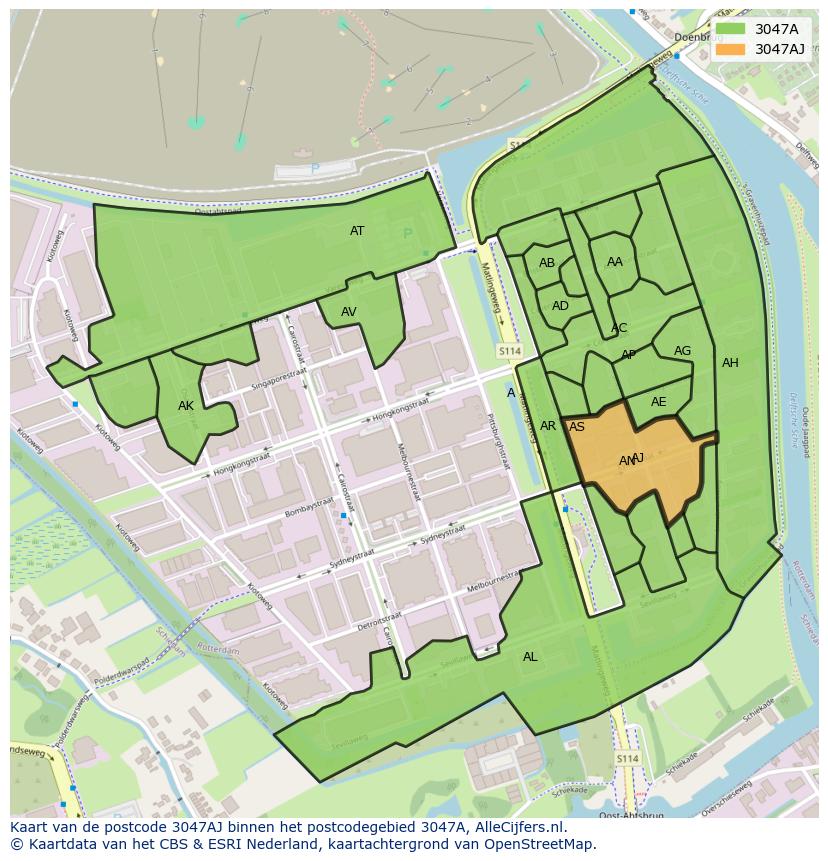 Afbeelding van het postcodegebied 3047 AJ op de kaart.