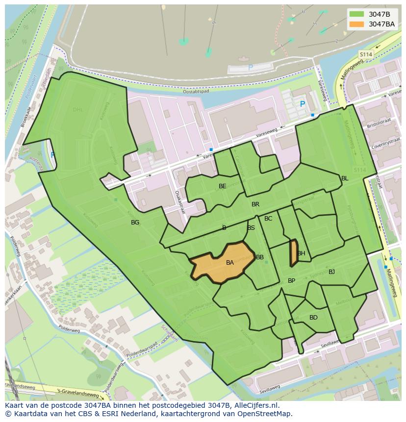 Afbeelding van het postcodegebied 3047 BA op de kaart.