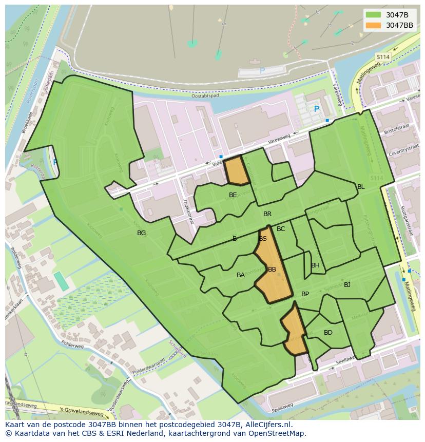 Afbeelding van het postcodegebied 3047 BB op de kaart.