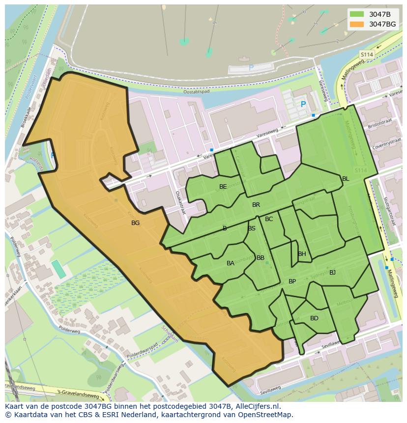 Afbeelding van het postcodegebied 3047 BG op de kaart.