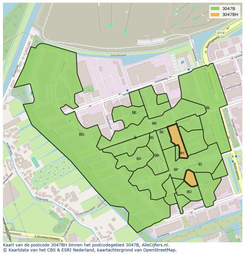 Afbeelding van het postcodegebied 3047 BH op de kaart.