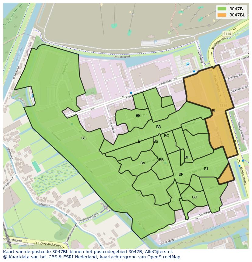 Afbeelding van het postcodegebied 3047 BL op de kaart.