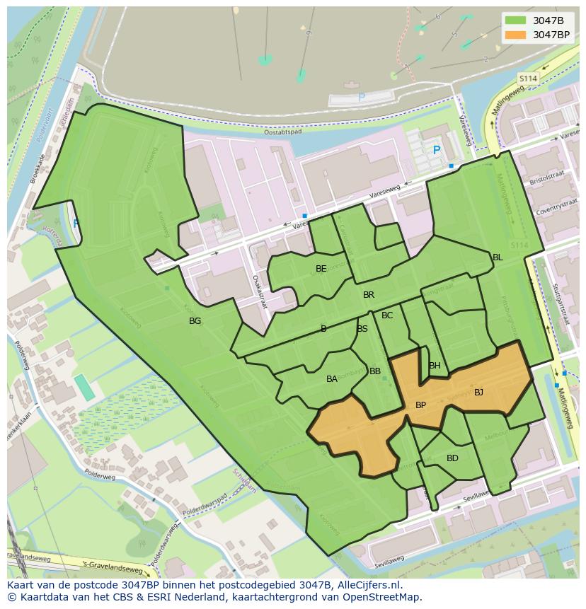 Afbeelding van het postcodegebied 3047 BP op de kaart.