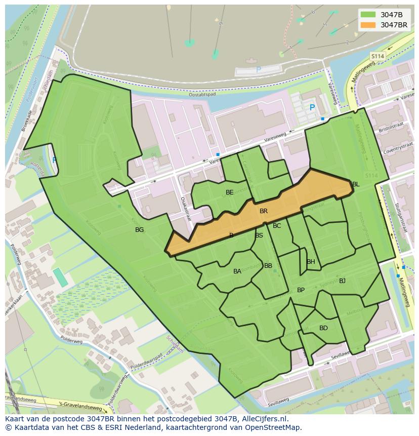 Afbeelding van het postcodegebied 3047 BR op de kaart.