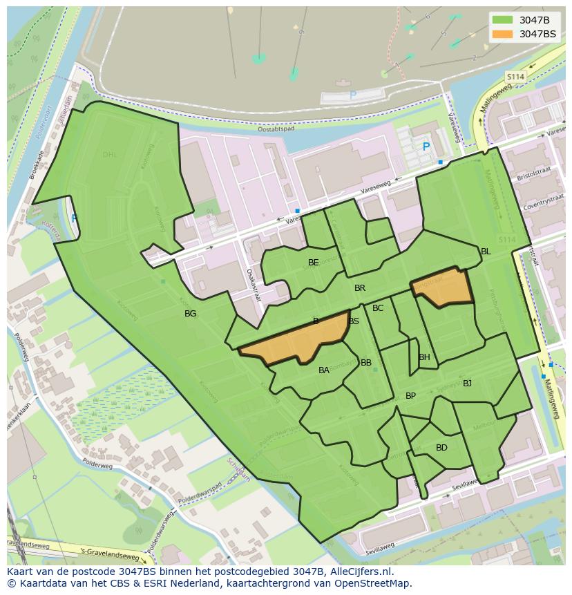 Afbeelding van het postcodegebied 3047 BS op de kaart.
