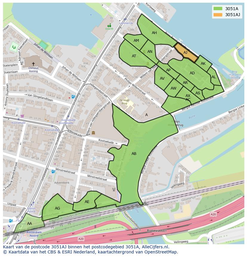 Afbeelding van het postcodegebied 3051 AJ op de kaart.