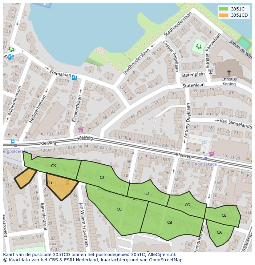 Afbeelding van het postcodegebied 3051 CD op de kaart.