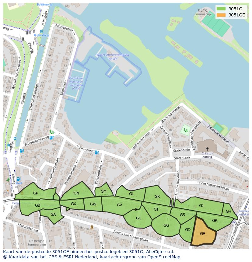 Afbeelding van het postcodegebied 3051 GE op de kaart.