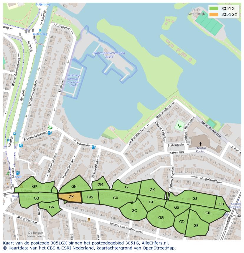 Afbeelding van het postcodegebied 3051 GX op de kaart.