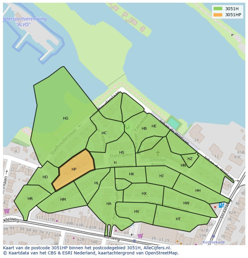 Afbeelding van het postcodegebied 3051 HP op de kaart.