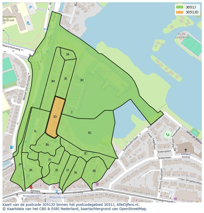 Afbeelding van het postcodegebied 3051 JD op de kaart.