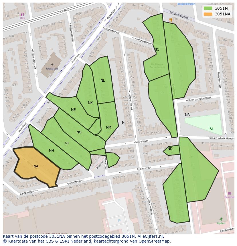Afbeelding van het postcodegebied 3051 NA op de kaart.